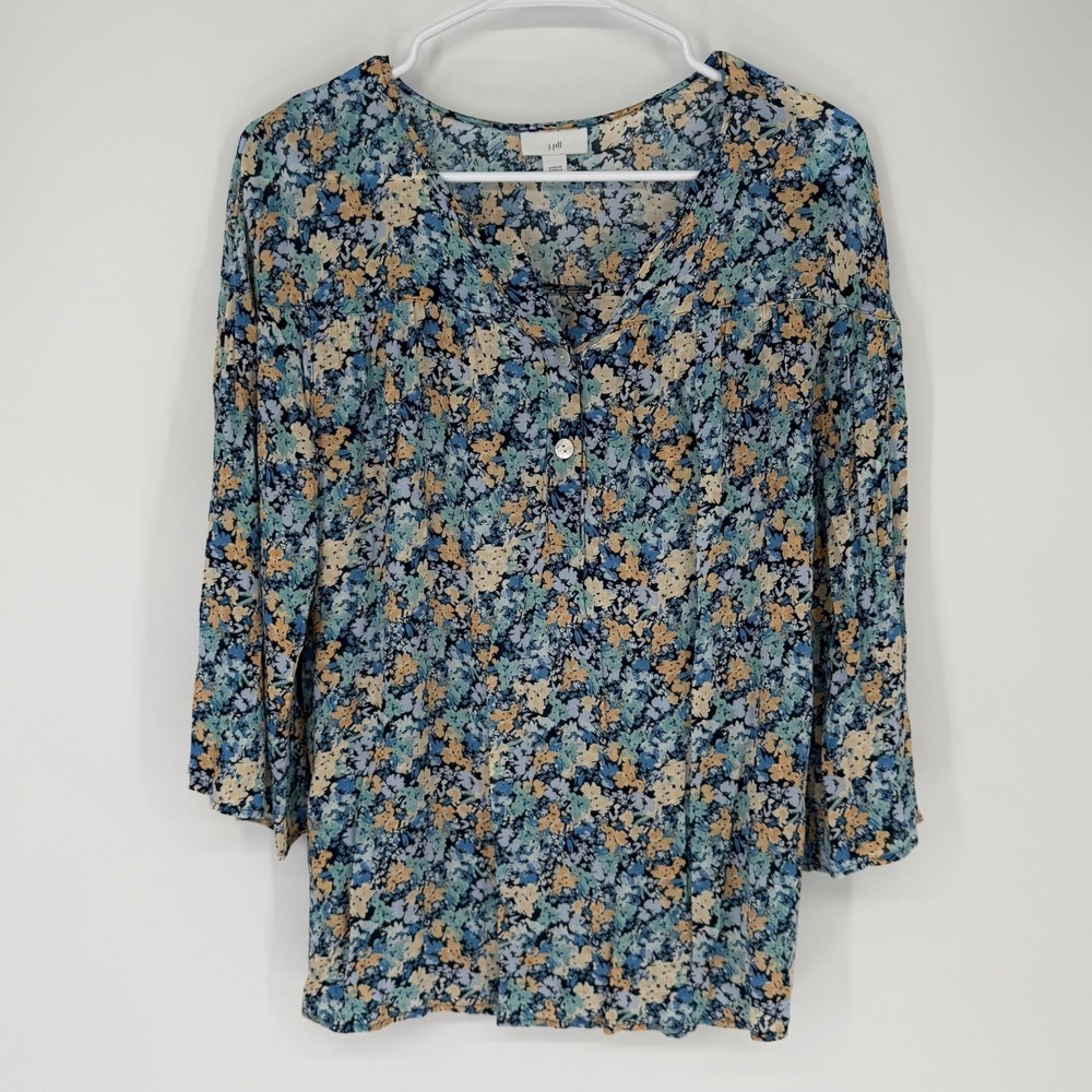 J Jill Shirt Women's Small Blue Floral Peasant Festival Boho Cottagecore Silky